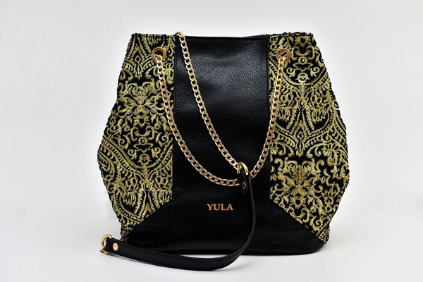 Sophia Bucket Bag - Black / Gold Embroidery Fabric